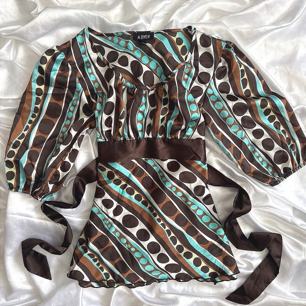 A. Byer Women Brown Turquoise Geometric Satin Babydoll Tunic Top Large